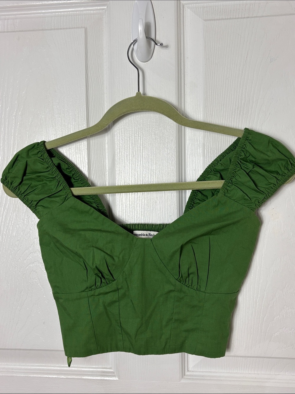 Abercrombie & Fitch Olive Puff-Sleeve Cropped Top Stretchy back size XS